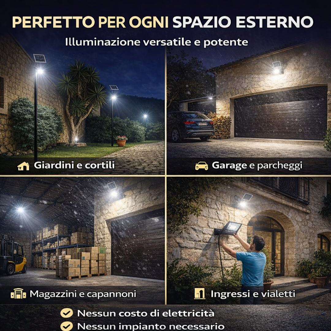 Faro Solare LED 1200W Ultra Potente con Pannello Solare, Telecomando e Sensore Crepuscolare IP67 da Esterno.