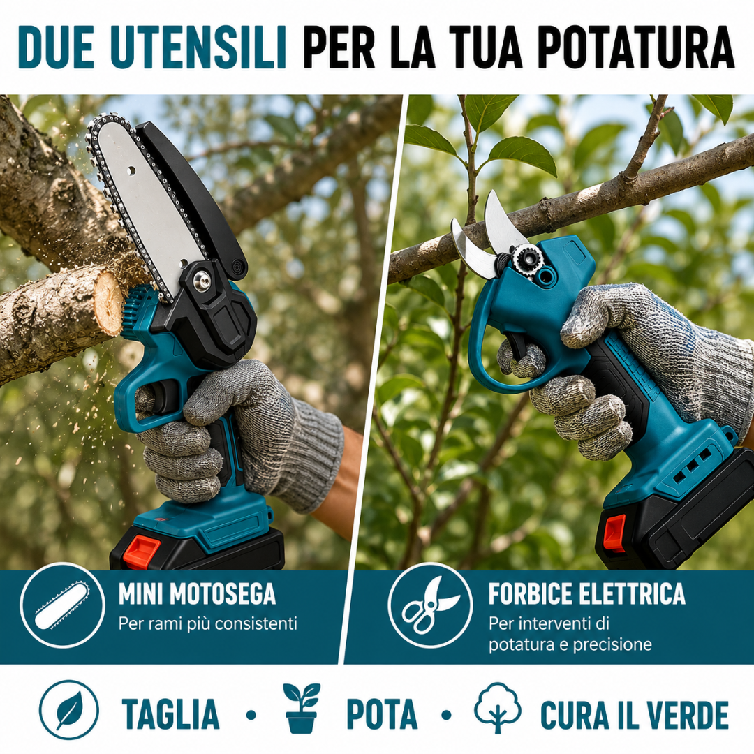 Forbici da Potatura a Batteria + Mini Motosega Elettrica con 2 Batterie 48v.
