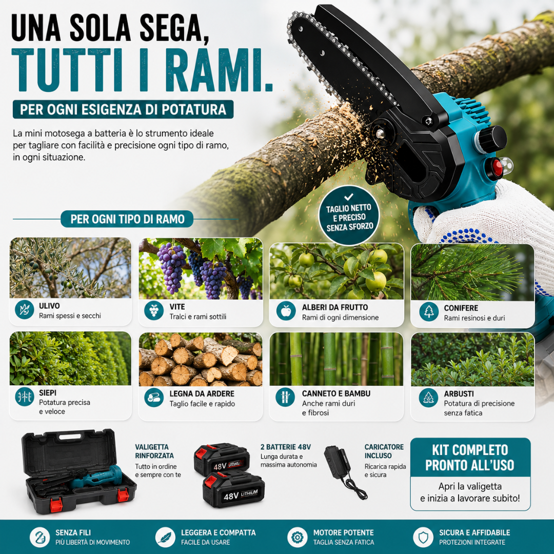 Mini motosega a batteria con barre da 6" e 8" con 2 batterie 48V e oliatore automatico.