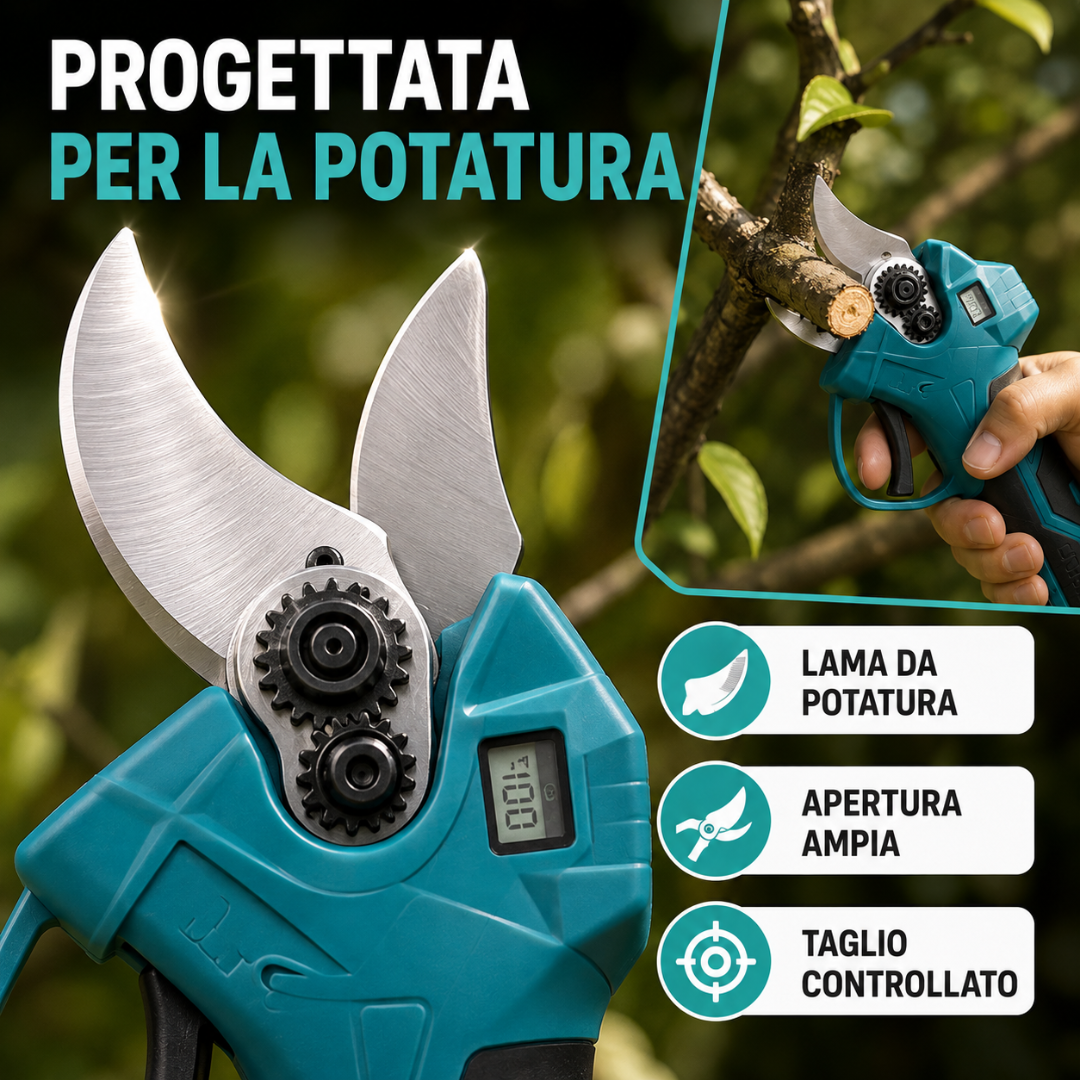 Forbici da Potatura a Batteria 48V con Display Digitale e 2 Batterie, Trincia Rami.