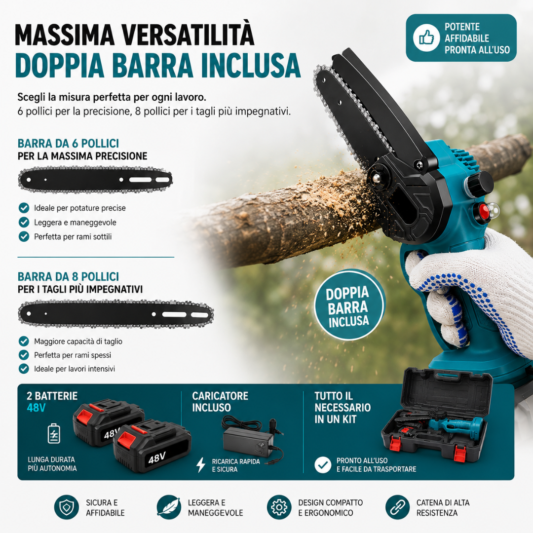 Mini motosega a batteria con barre da 6" e 8" con 2 batterie 48V e oliatore automatico.