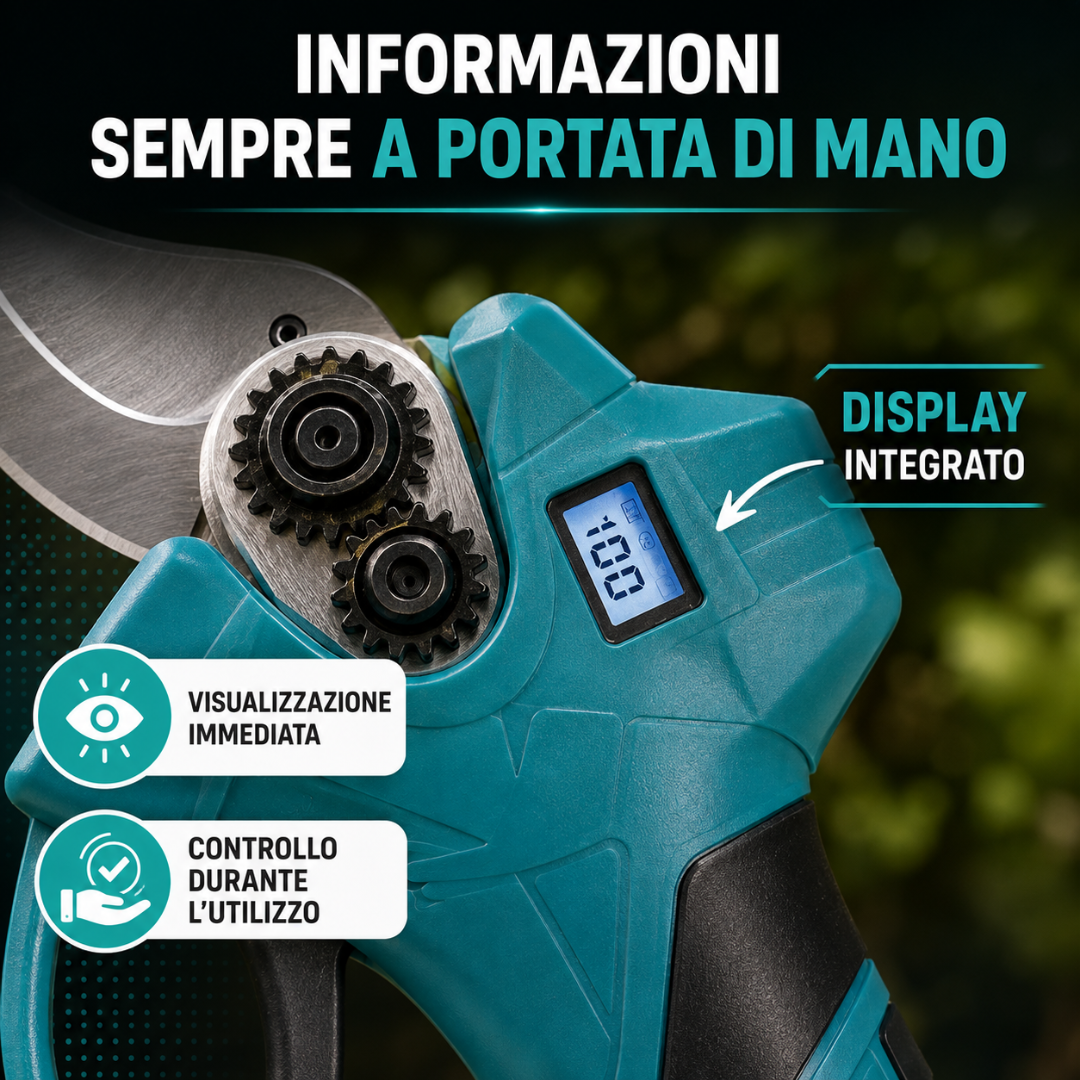 Forbici da Potatura a Batteria 48V con Display Digitale e 2 Batterie, Trincia Rami.