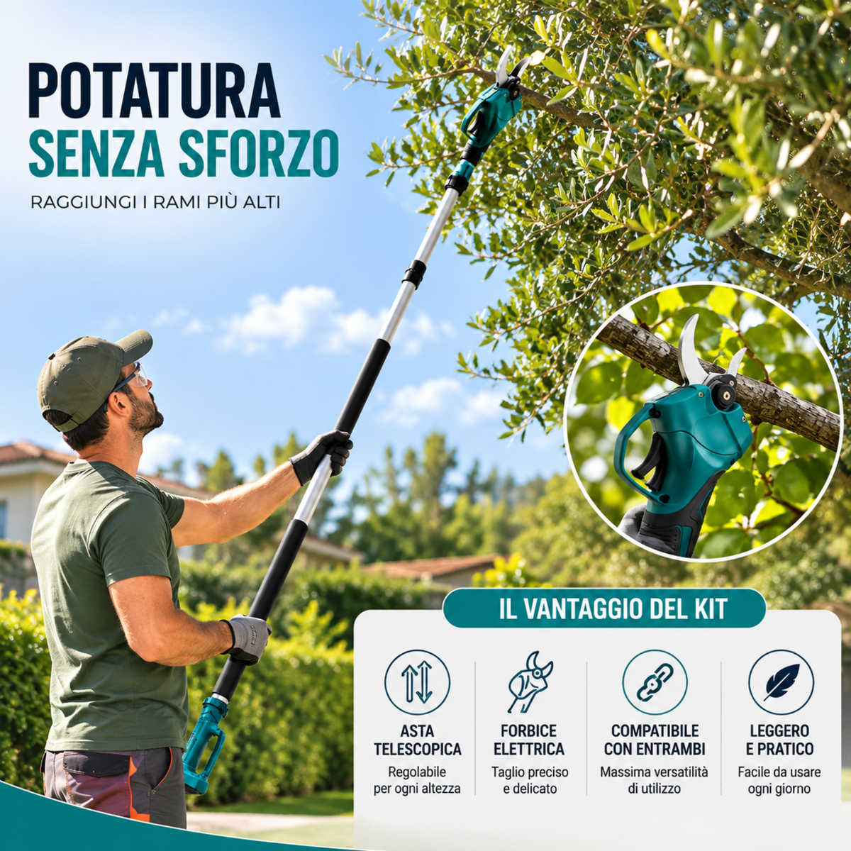 Kit Potatura 3 in 1 - Forbice a Batteria e Motosega 8 Pollici Elettrica con Asta Telescopica 128-248cm, Set Professionale per Giardinaggio con 2 Batterie 48V - DE ROSA SHOP