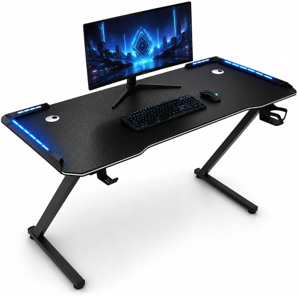 Scrivania Gaming 120x60 cm con LED RGB, Tavolo PC Effetto Fibra di Carbonio con Porta Cuffie e Porta Bicchiere