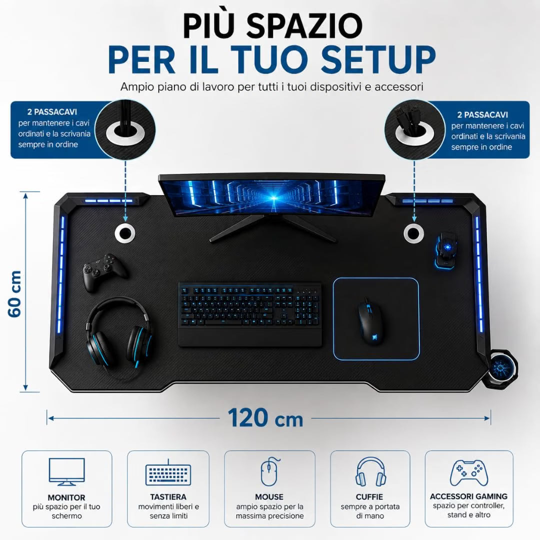 Scrivania Gaming 120x60 cm con LED RGB, Tavolo PC Effetto Fibra di Carbonio con Porta Cuffie e Porta Bicchiere