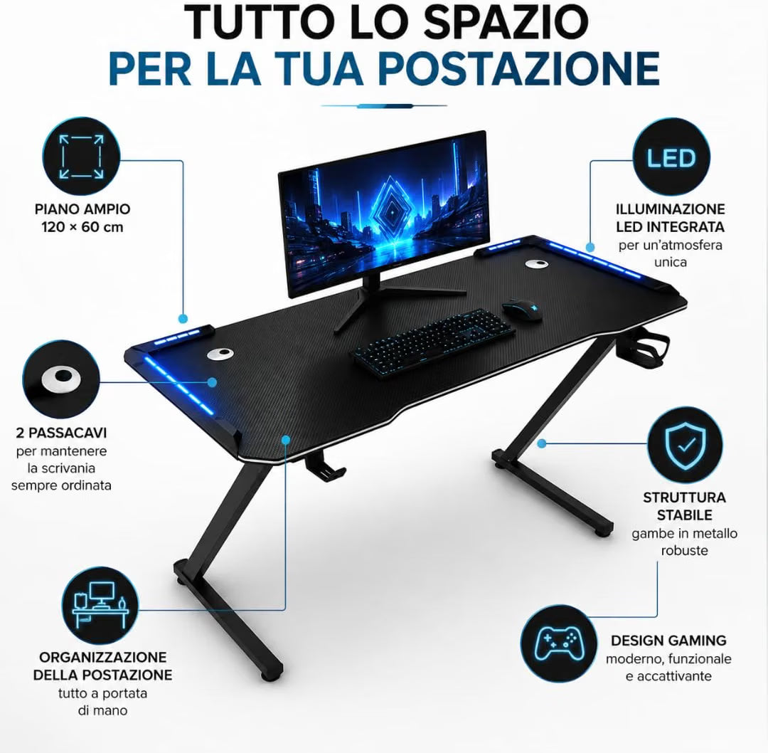 Scrivania Gaming 120x60 cm con LED RGB, Tavolo PC Effetto Fibra di Carbonio con Porta Cuffie e Porta Bicchiere