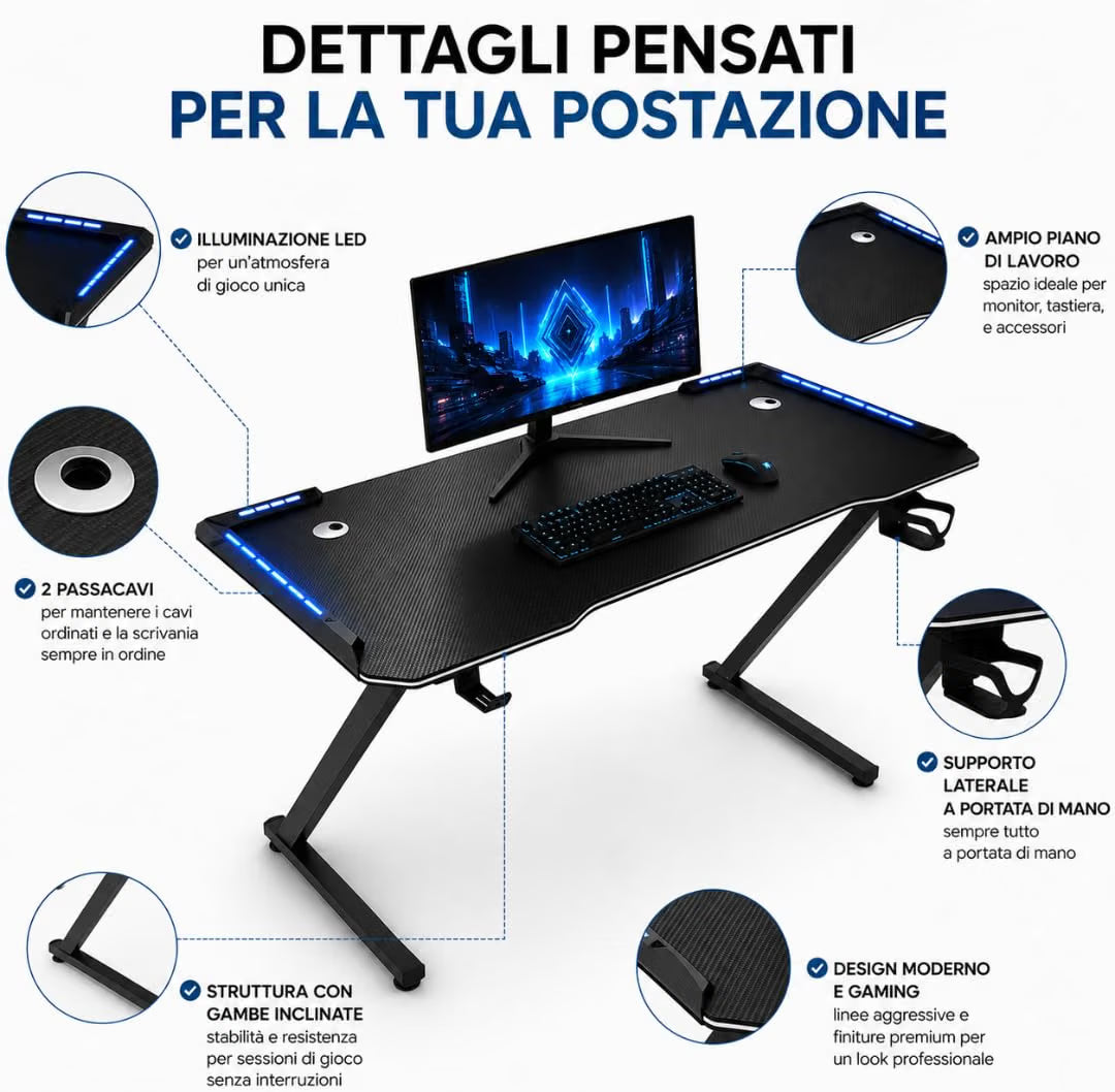 Scrivania Gaming 120x60 cm con LED RGB, Tavolo PC Effetto Fibra di Carbonio con Porta Cuffie e Porta Bicchiere