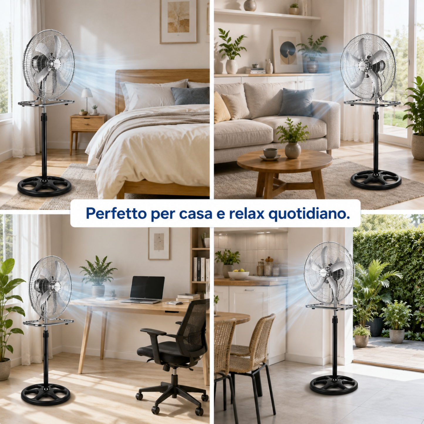 Ventilatore 3 in 1 da Terra e Tavolo Cromato, Oscillazione Automatica, Altezza Regolabile, Potente e Silenzioso.
