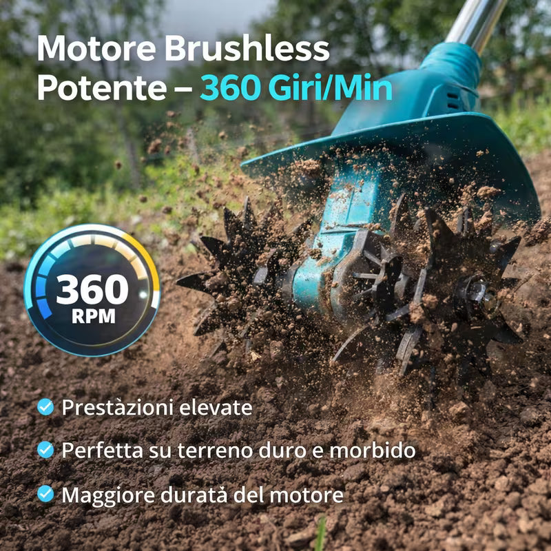Motozappa Elettrica 48V Senza Fili Potente, Leggera e Facile da Usare, 2 Batterie Incluse.