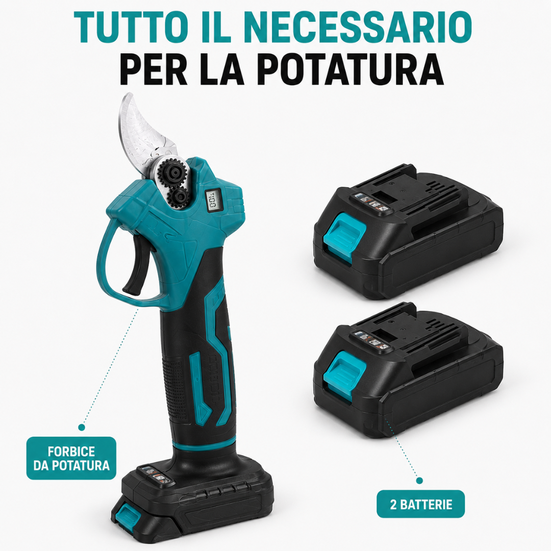 Forbici da Potatura a Batteria 48V con Display Digitale e 2 Batterie, Trincia Rami.