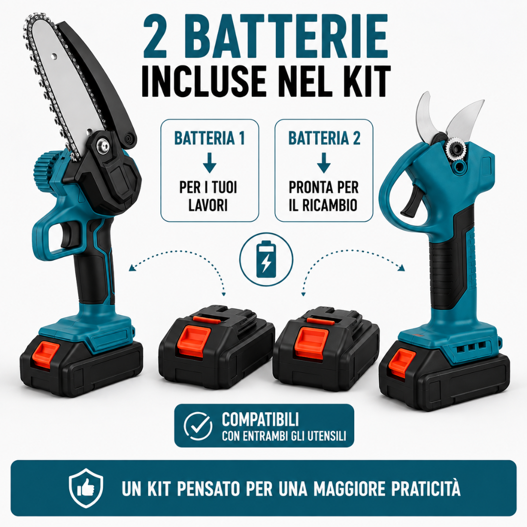 Forbici da Potatura a Batteria + Mini Motosega Elettrica con 2 Batterie 48v.