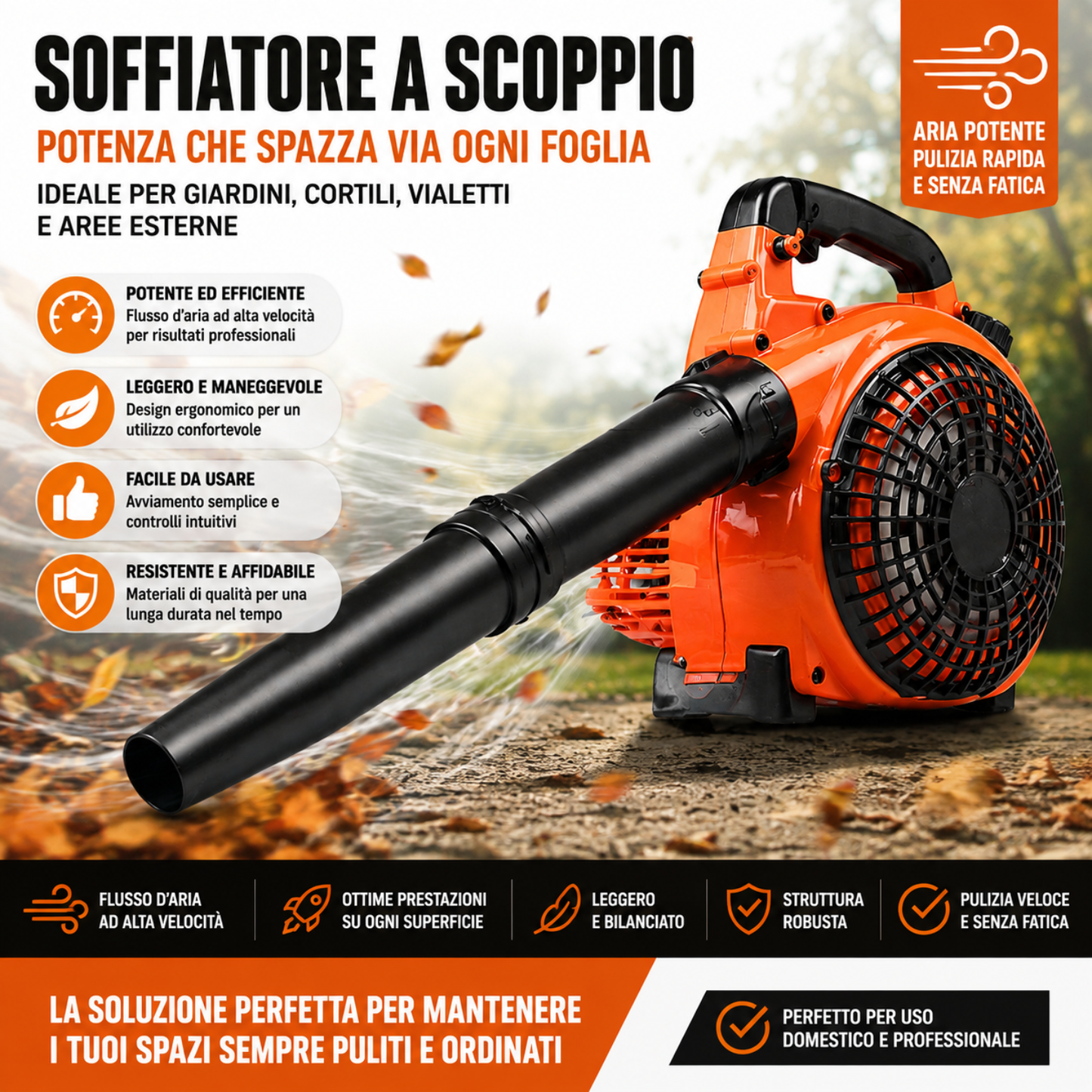 Soffiatore a Scoppio 52CC 2 Tempi, Potente e Pratico per Foglie e Giardino.