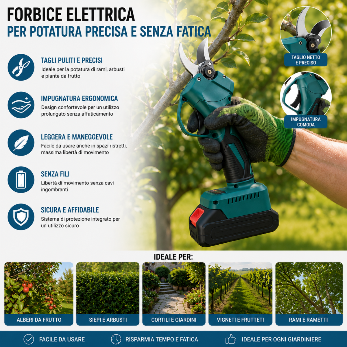 Kit Potatura 3 in 1 - Forbice a Batteria e Motosega 8 Pollici Elettrica con Asta Telescopica 128-248cm, Set Professionale per Giardinaggio con 2 Batterie 48V - DE ROSA SHOP