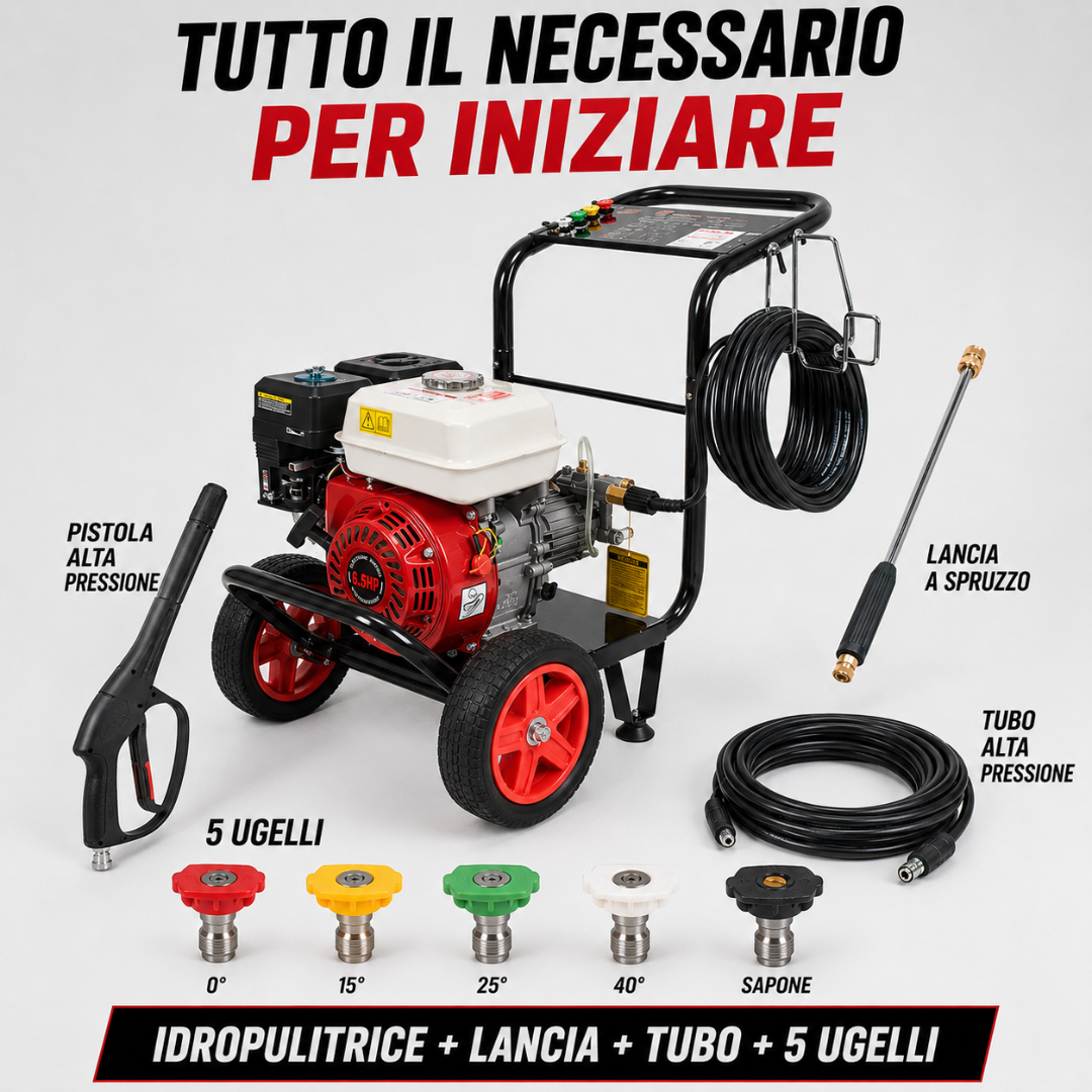 Idropulitrice a Scoppio 200 Bar 6,59 CV Motore OHV a Benzina con Lancia e 5 Ugelli