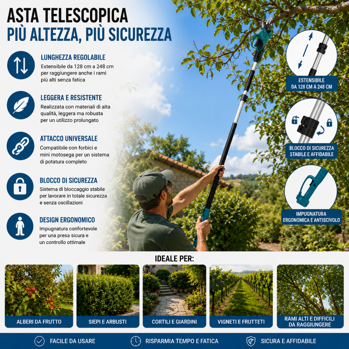 Kit Potatura 3 in 1 - Forbice a Batteria e Motosega 8 Pollici Elettrica con Asta Telescopica 128-248cm, Set Professionale per Giardinaggio con 2 Batterie 48V - DE ROSA SHOP