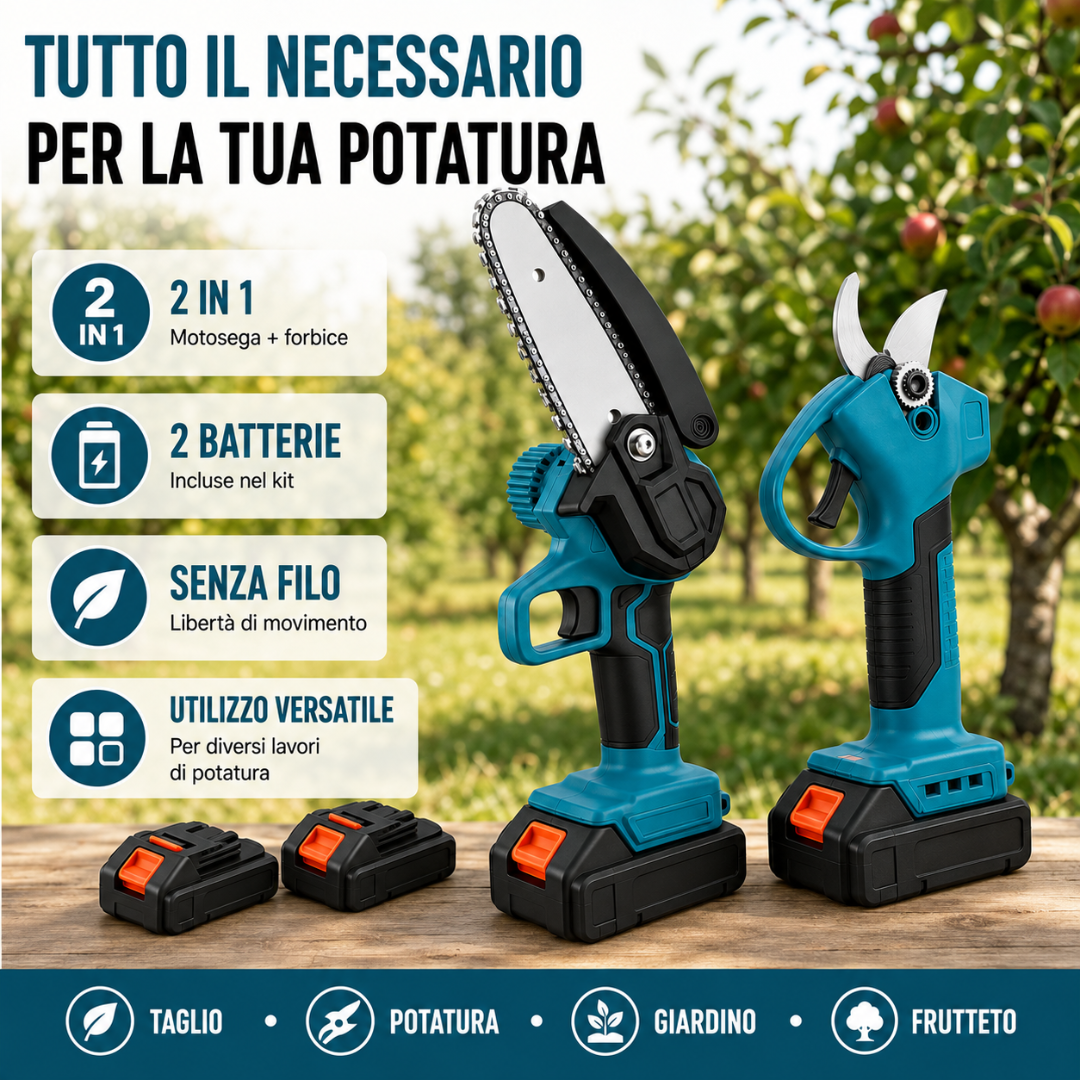 Forbici da Potatura a Batteria + Mini Motosega Elettrica con 2 Batterie 48v.