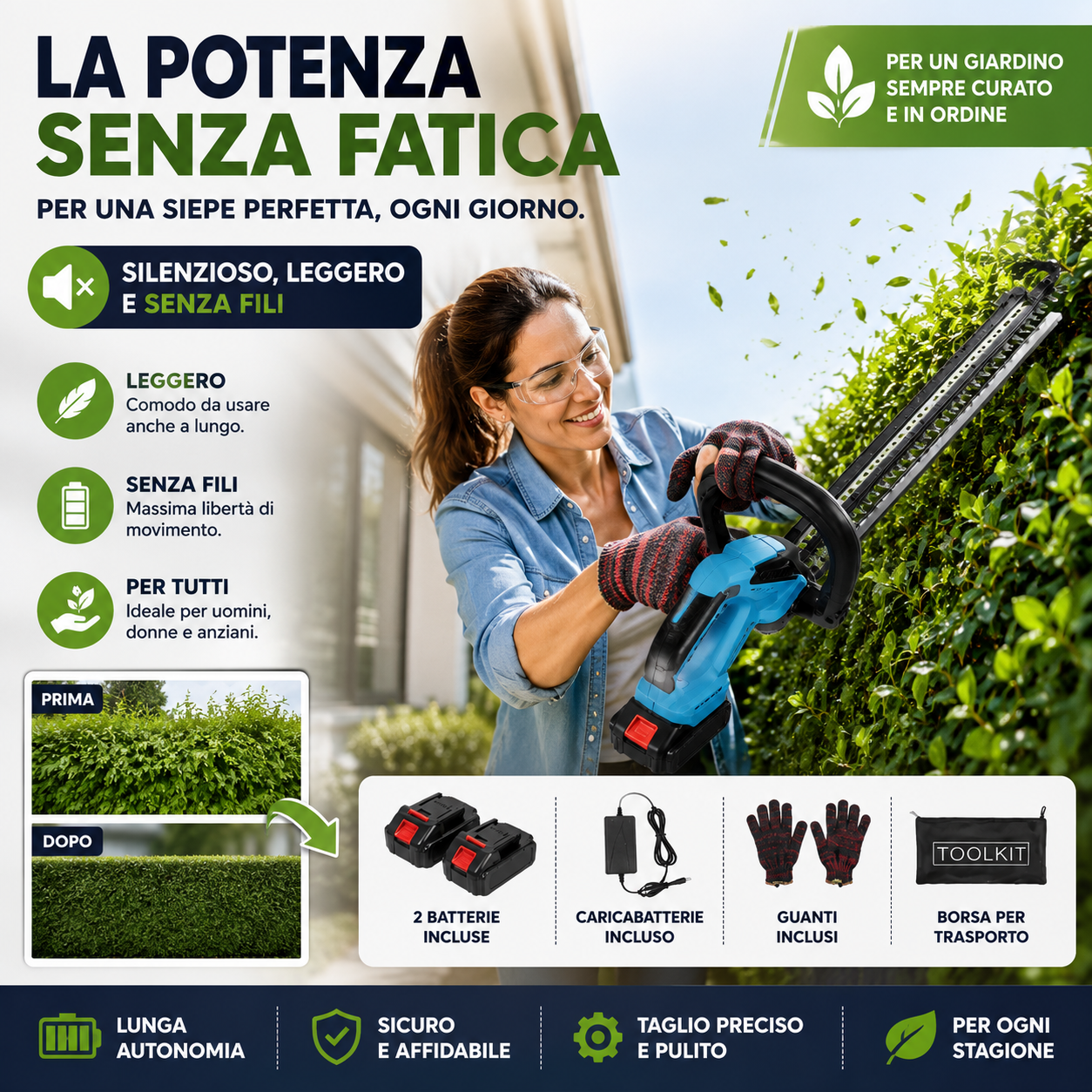 Tagliasiepi a Batteria, con Lama da 55 cm 2 batterie 88v.