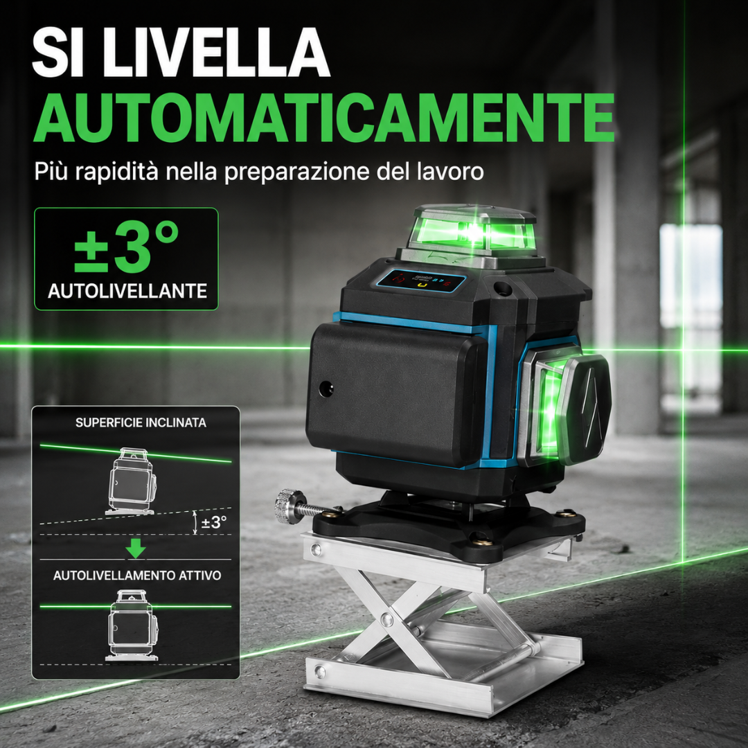 Livella Laser 4D 360° 16 Linee Autolivellante con Treppiede 1,2 m, 2 Batterie, Telecomando e Valigetta