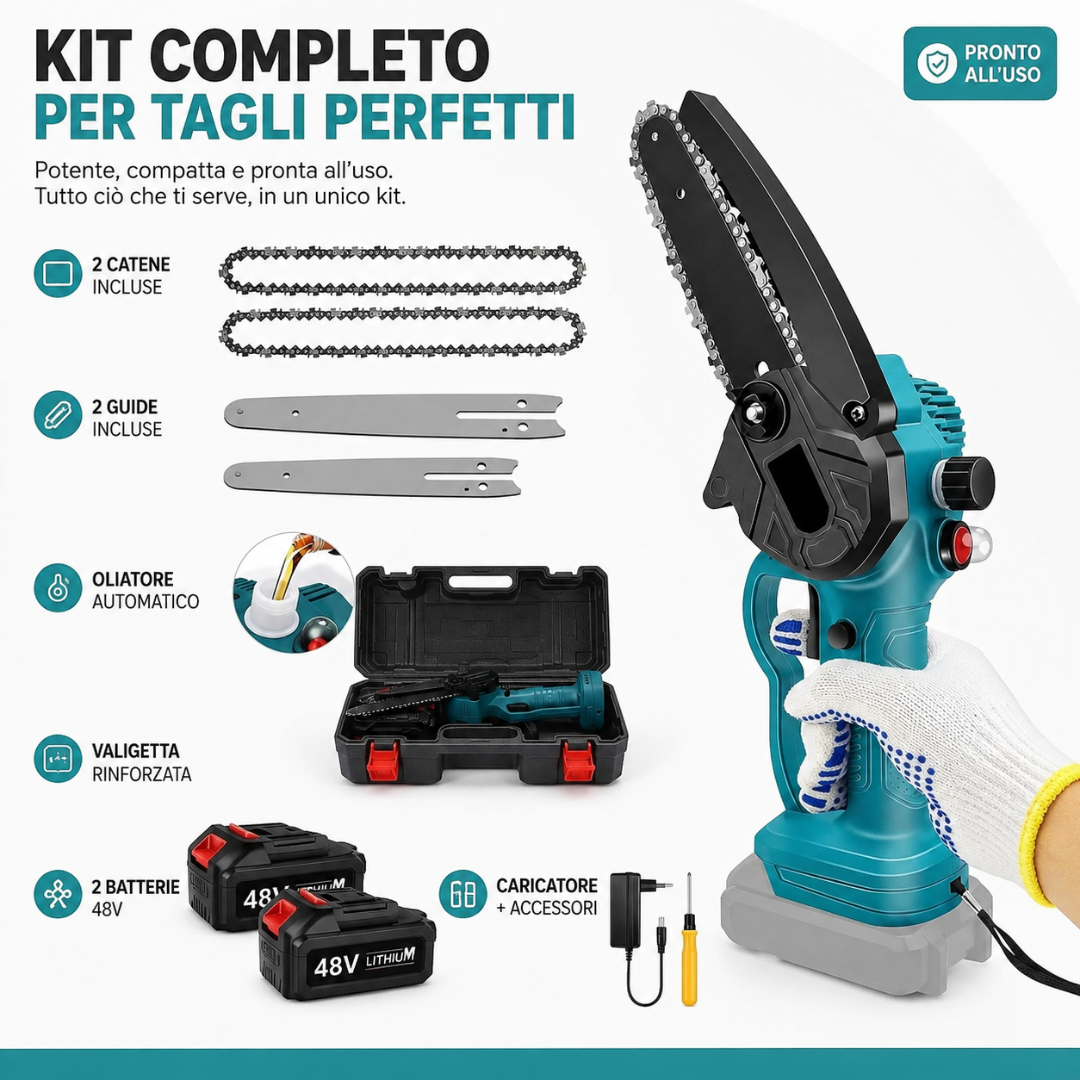 Mini motosega a batteria con barre da 6" e 8" con 2 batterie 48V e oliatore automatico.