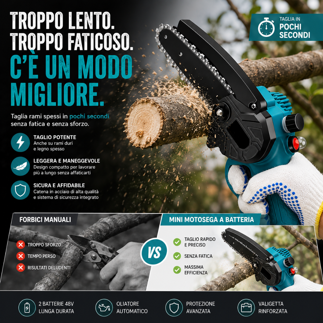 Mini motosega a batteria con barre da 6" e 8" con 2 batterie 48V e oliatore automatico.