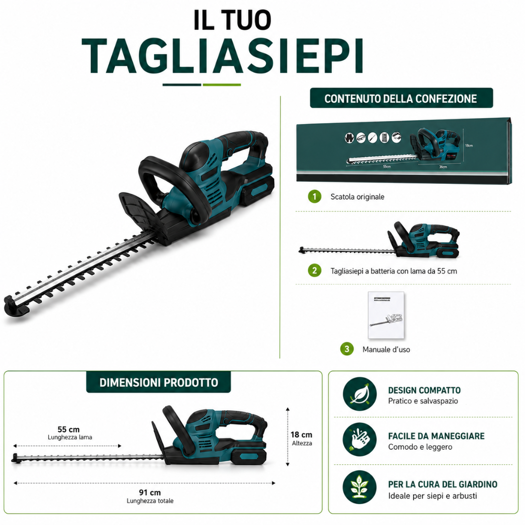 Tagliasiepi a Batteria, con Lama da 55 cm 2 batterie 88v.