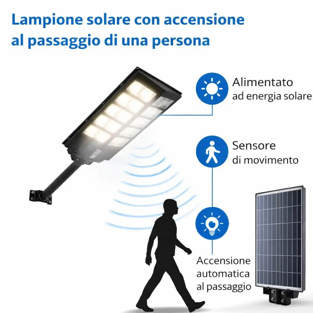 Lampione LED Esterno Solare 1200W Sensore di Movimento 18000mAh IP65 con Telecomando e Staffa - Lampione LED Esterno