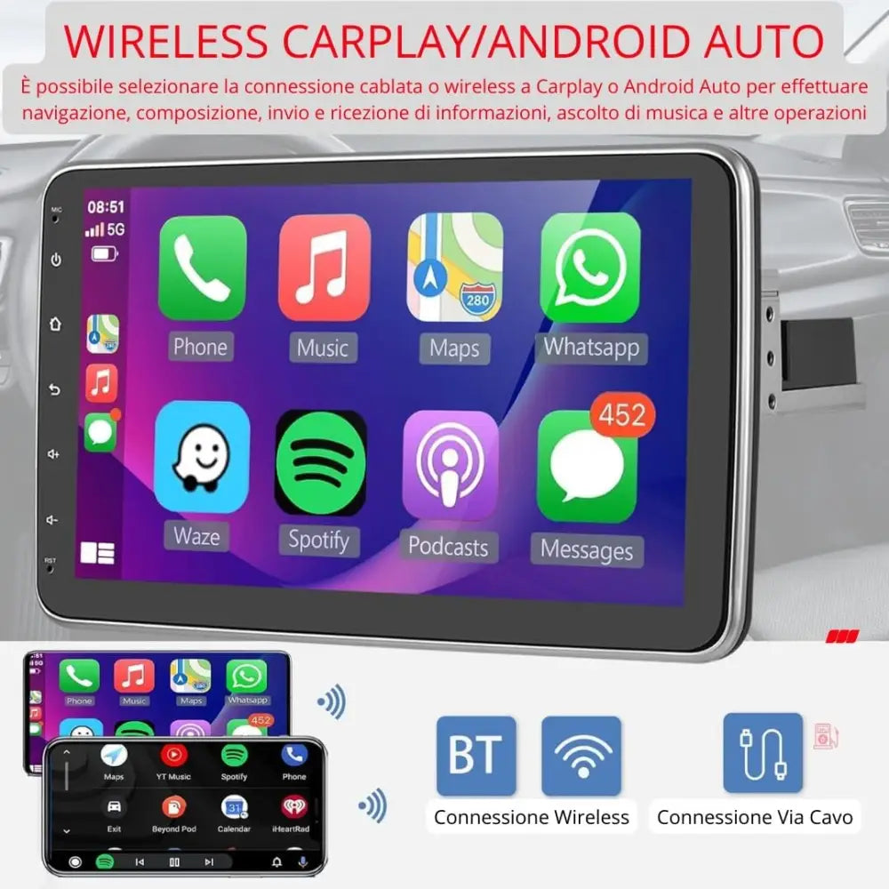 Autoradio Android 1 Din Radio Carplay Wireless schermo touch da 10,1 Pollici - simple