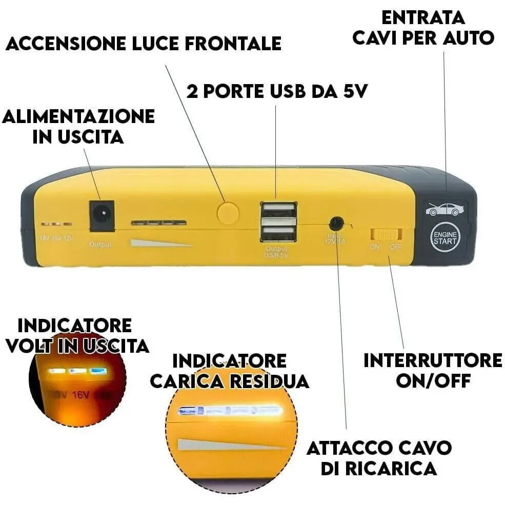 Avviatore di Emergenza Portatile con Batteria 15000 mAh Booster Avviamento Auto - simple