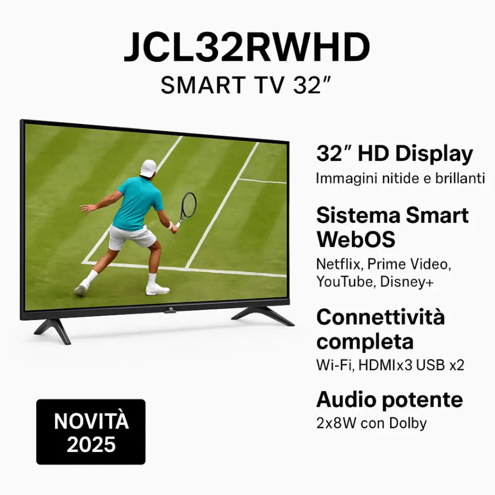 JCL Smart TV 32 Pollici HD Ready (720p) Sistema webOS TV 8.1 WiFi/Ethernet Netflix & YouTube Triplo HDMI