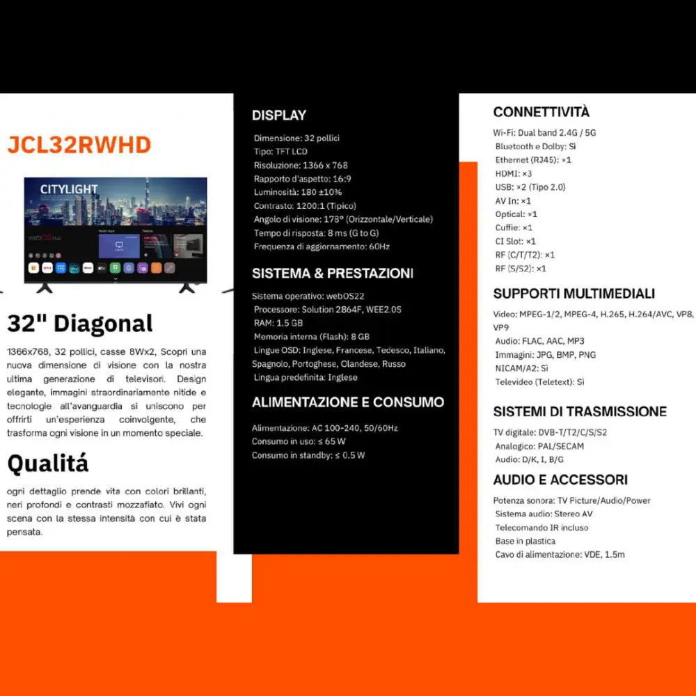JCL Smart TV 32 Pollici HD Ready (720p) Sistema webOS TV 8.1 WiFi/Ethernet Netflix & YouTube Triplo HDMI