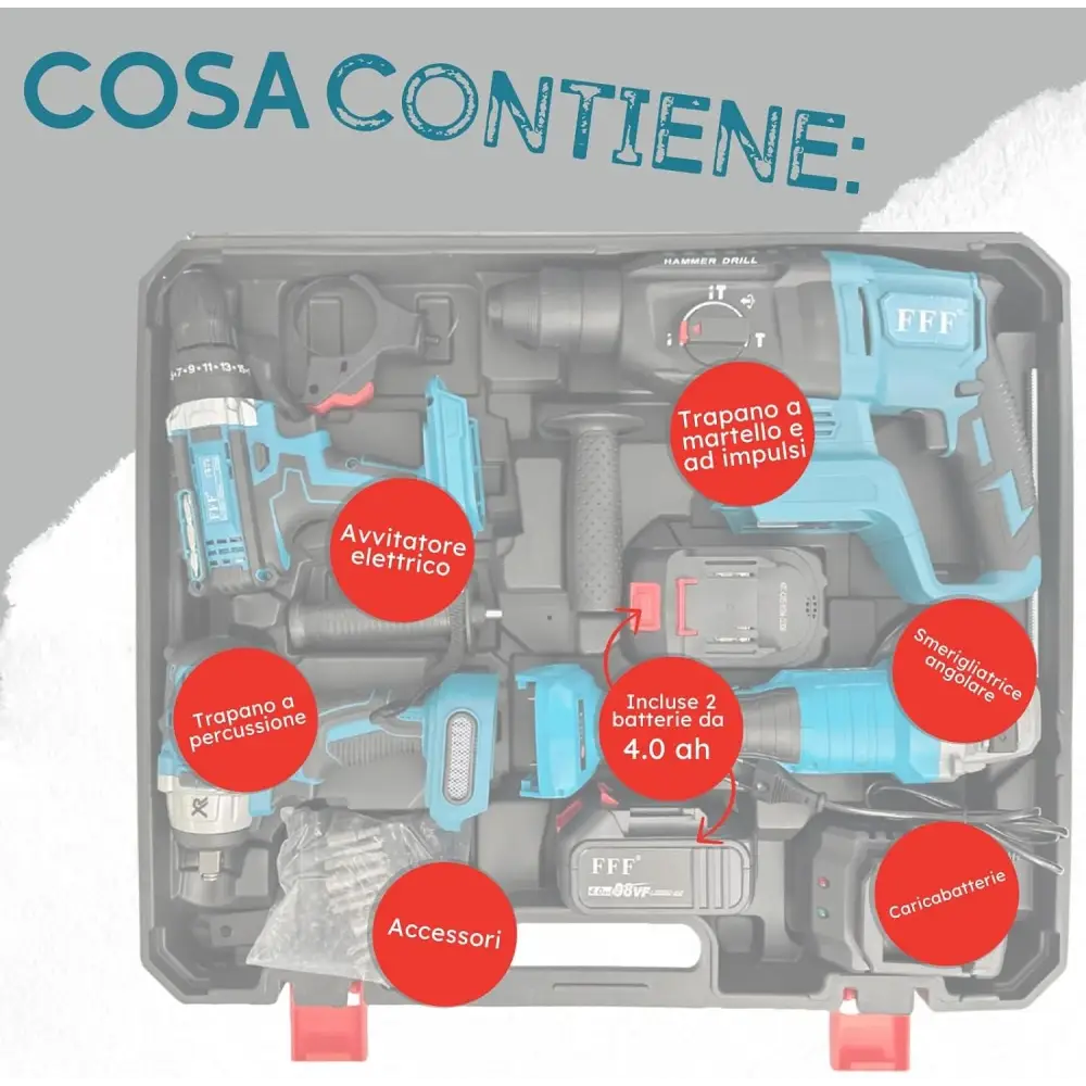 Kit Completo Professionale Fai da Te 4 in 1 con Trapano Avvitatore a Batteria - simple