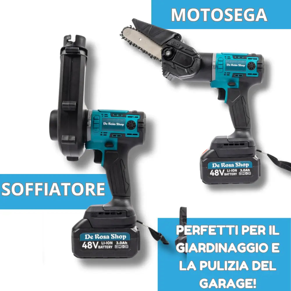 Kit Completo Professionale Fai da Te 5 in 1 con Teste Intercambiabili Trapano Avvitatore Mini Motosega Soffiatore con 2