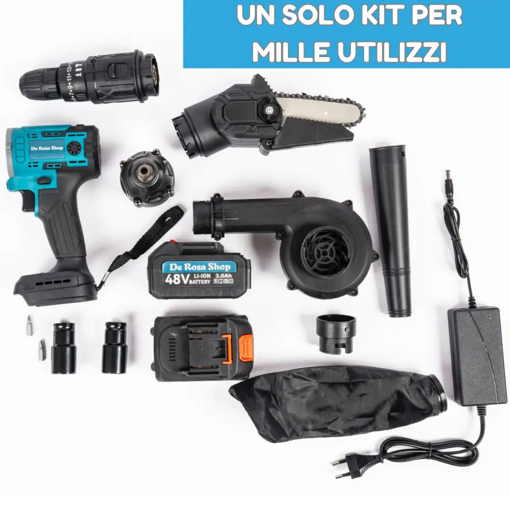 Kit Completo Professionale Fai da Te 5 in 1 con Teste Intercambiabili Trapano Avvitatore Mini Motosega Soffiatore con 2