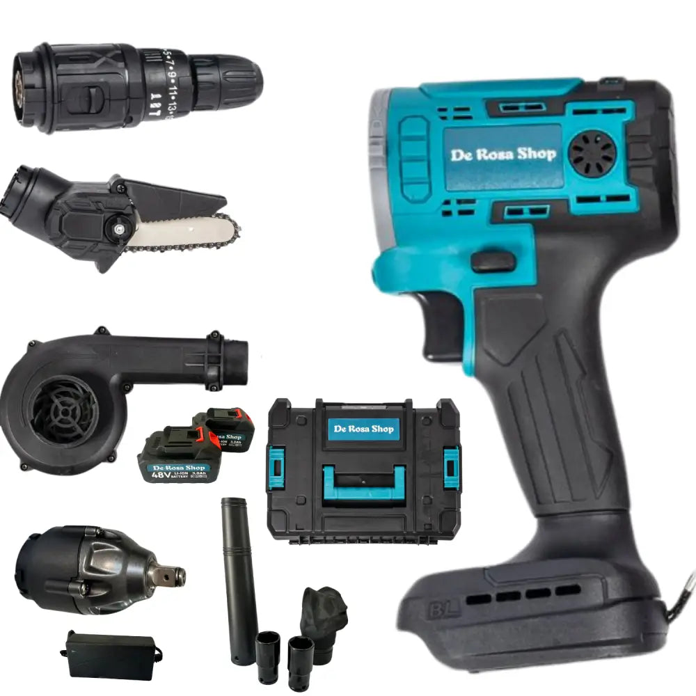 Kit Completo Professionale Fai da Te 5 in 1 con Teste Intercambiabili Trapano Avvitatore Mini Motosega Soffiatore con 2