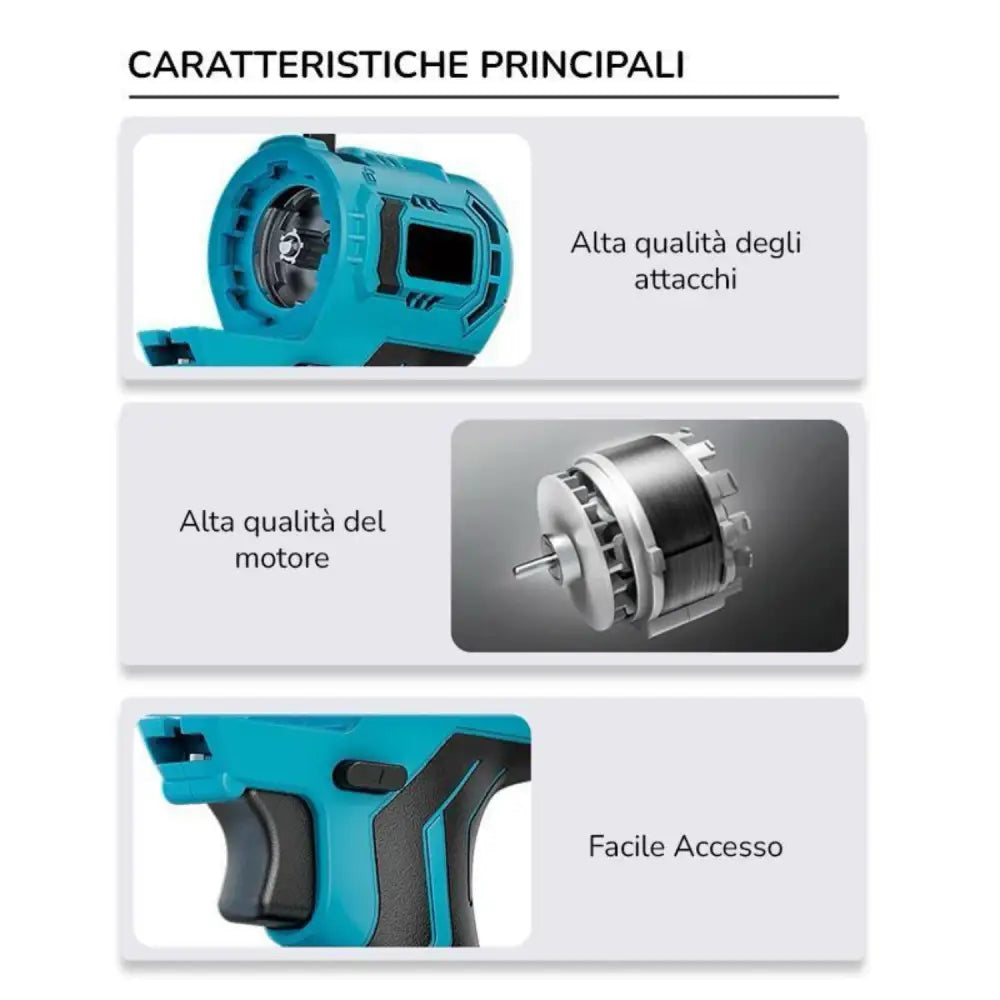 Kit Completo Professionale Fai da Te 5 in 1 con Teste Intercambiabili Trapano Avvitatore Mini Motosega Soffiatore con 2