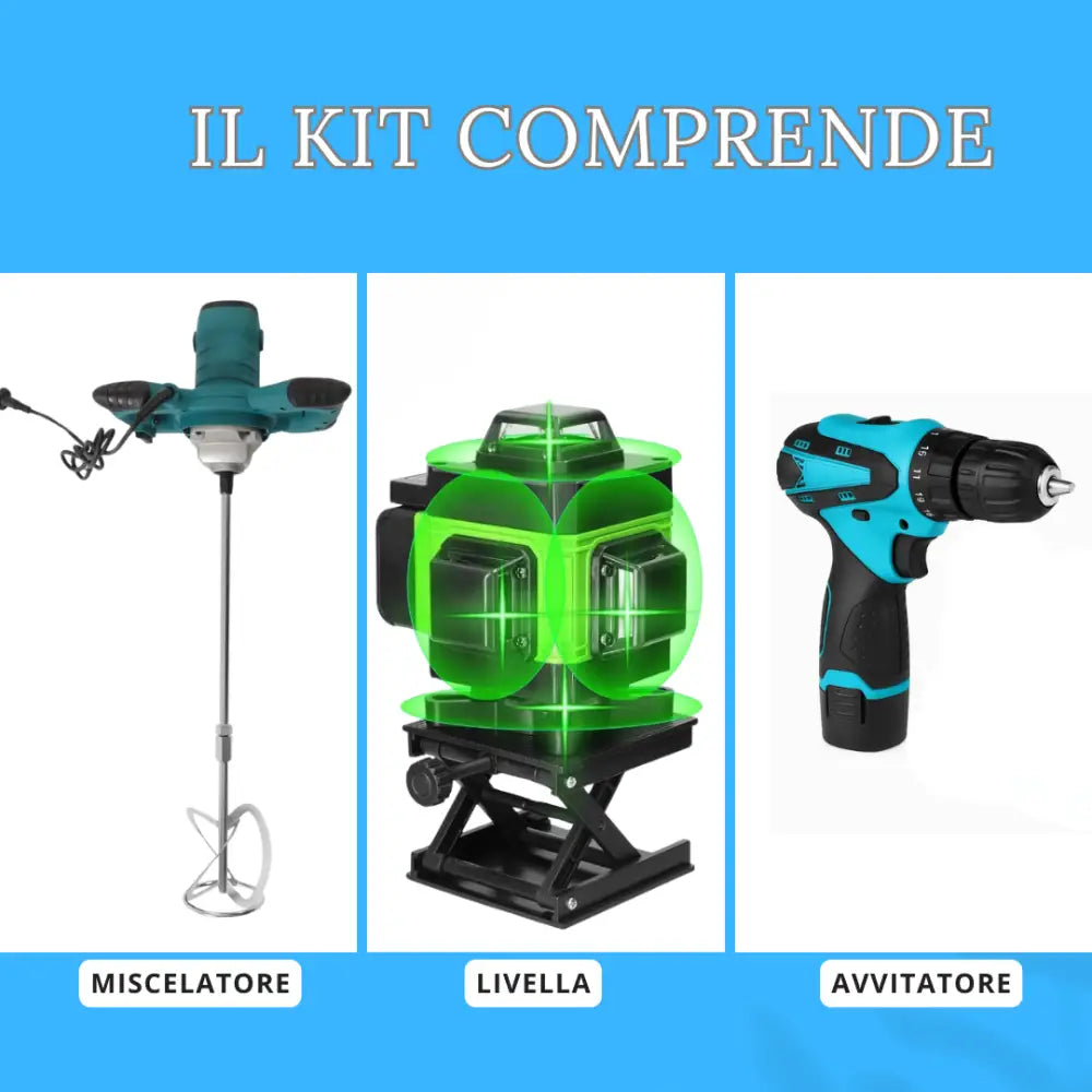 Kit Professionale 3 in 1 Miscelatore Malta e Cemento 1600W 6 Velocità M14 + Livella Laser 4D 16 Linee Autolivellante