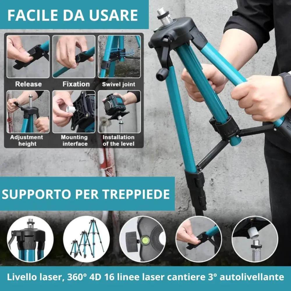 Kit Professionale 3 in 1 Miscelatore Malta e Cemento 1600W 6 Velocità M14 + Livella Laser 4D 16 Linee Autolivellante