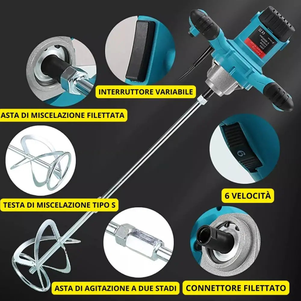 Kit Professionale 3 in 1 Miscelatore Malta e Cemento 1600W 6 Velocità M14 + Livella Laser 4D 16 Linee Autolivellante