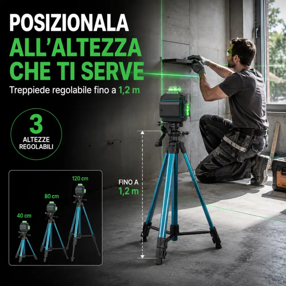 Livella Laser 4D 360° 16 Linee Autolivellante con Treppiede 1,2 m 2 Batterie Telecomando e Valigetta - Livella laser