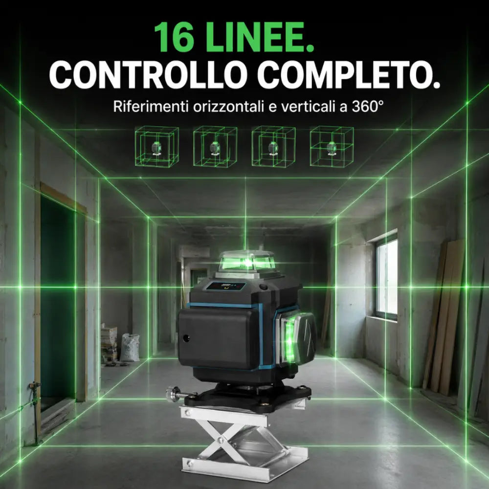 Livella Laser 4D 360° 16 Linee Autolivellante con Treppiede 1,2 m 2 Batterie Telecomando e Valigetta - Livella laser