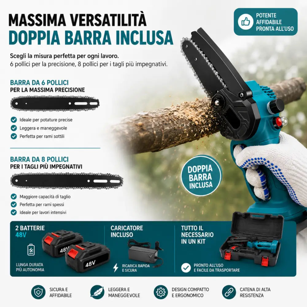 Mini motosega a batteria con barre da 6’’ e 8’’ con 2 batterie 48V e oliatore automatico. - Motosega a batteria