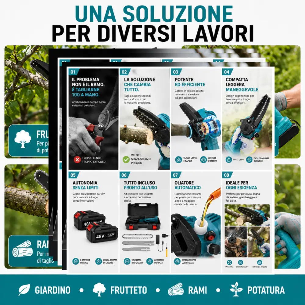 Mini motosega a batteria con barre da 6’’ e 8’’ con 2 batterie 48V e oliatore automatico. - Motosega a batteria