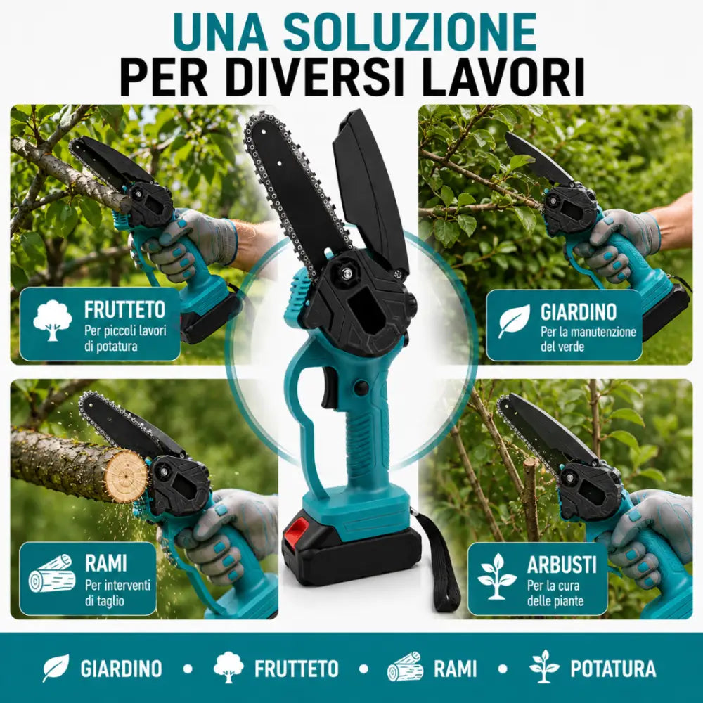 Mini motosega a batteria con barre da 6’’ e 8’’ con 2 batterie 48V e oliatore automatico. - Motosega a batteria