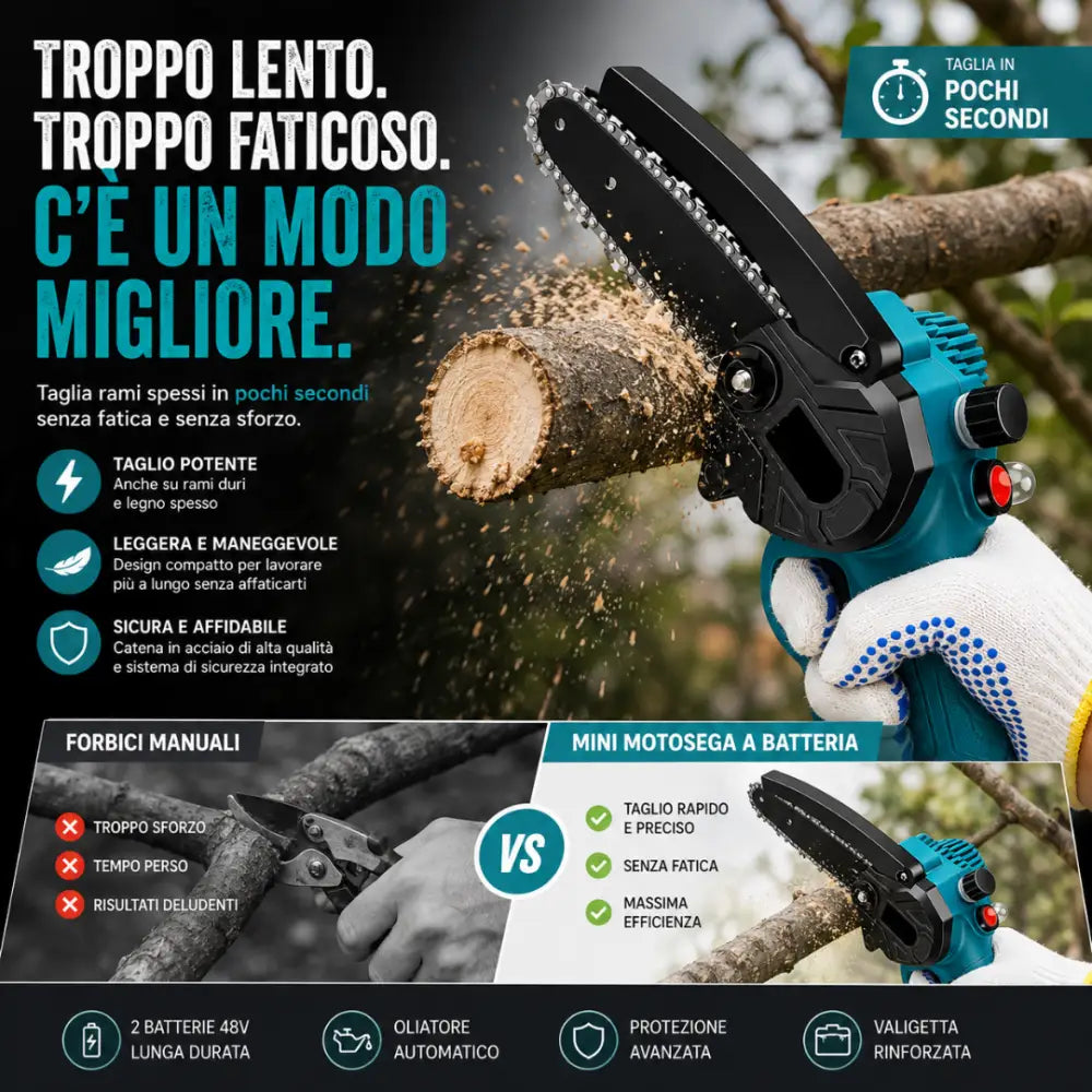 Mini motosega a batteria con barre da 6’’ e 8’’ con 2 batterie 48V e oliatore automatico. - Motosega a batteria