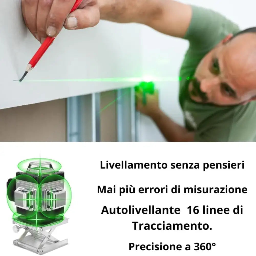 Miscelatore per Malta e Cemento 1600W con 6 Velocità e Attacco M14 + Livella Laser 4D a 16 Linee con Raggio Verde