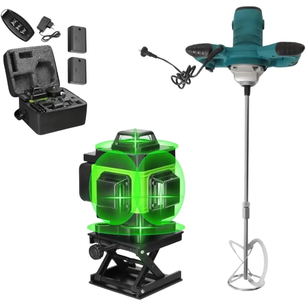 Miscelatore per Malta e Cemento 1600W con 6 Velocità e Attacco M14 + Livella Laser 4D a 16 Linee con Raggio Verde