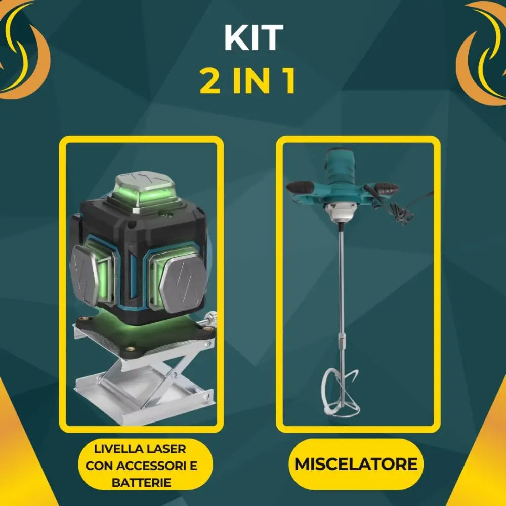 Miscelatore per Malta e Cemento 1600W con 6 Velocità e Attacco M14 + Livella Laser 4D a 16 Linee con Raggio Verde