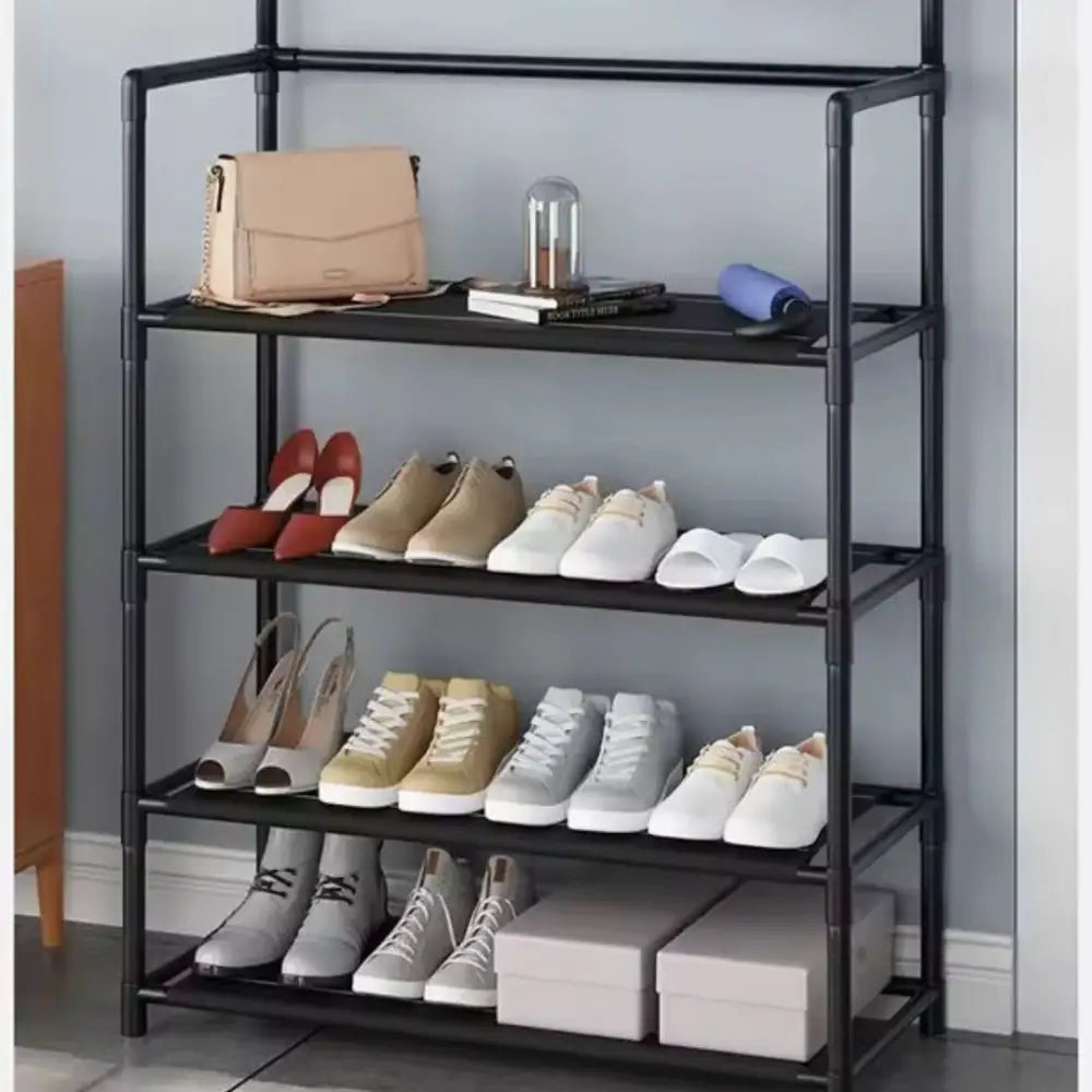 Mobile Salvaspazio con Mensole e Ganci Appendiabiti e Organizzatore per Scarpe in Tessuto | Soluzione Pratica