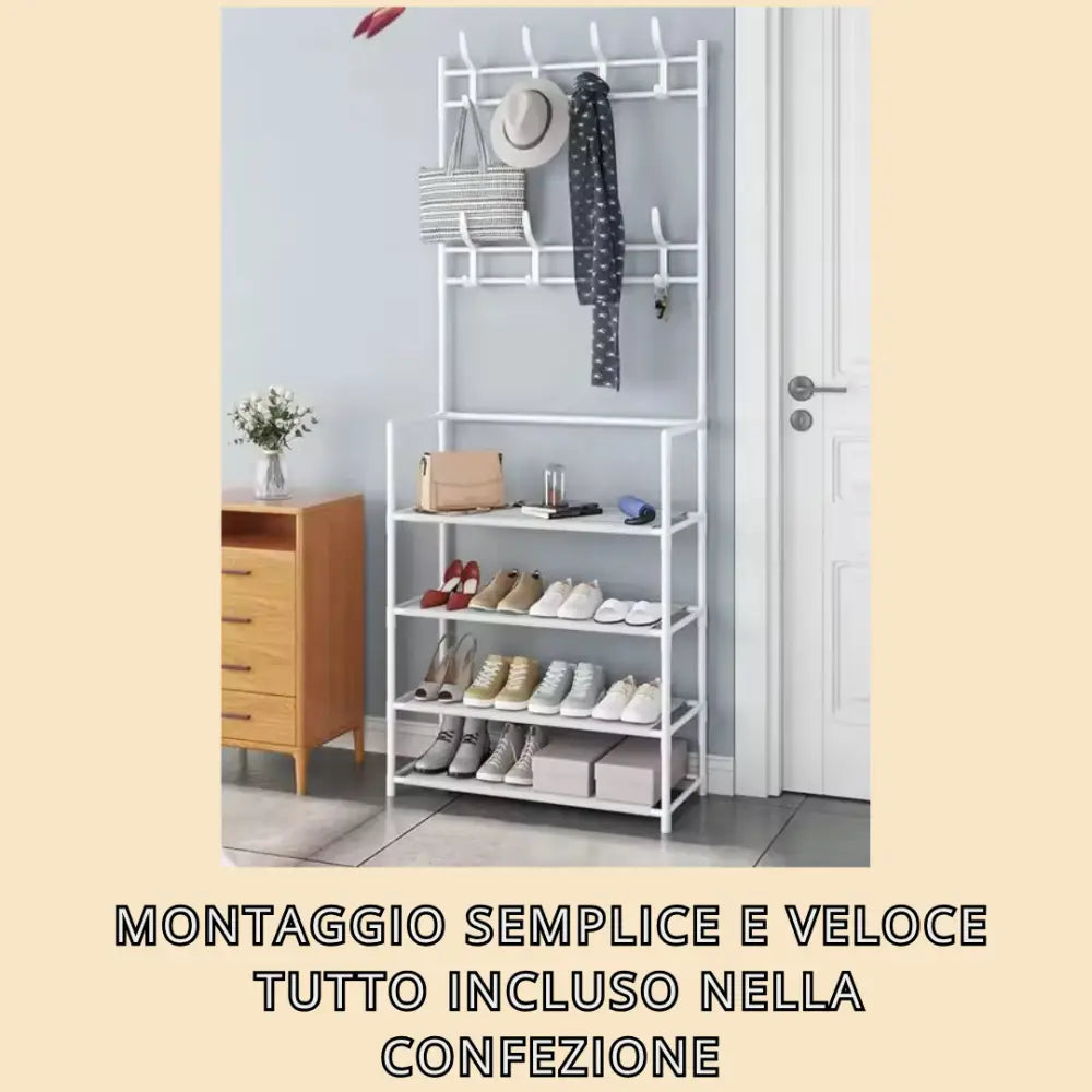 Mobile Salvaspazio con Mensole e Ganci Appendiabiti e Organizzatore per Scarpe in Tessuto | Soluzione Pratica