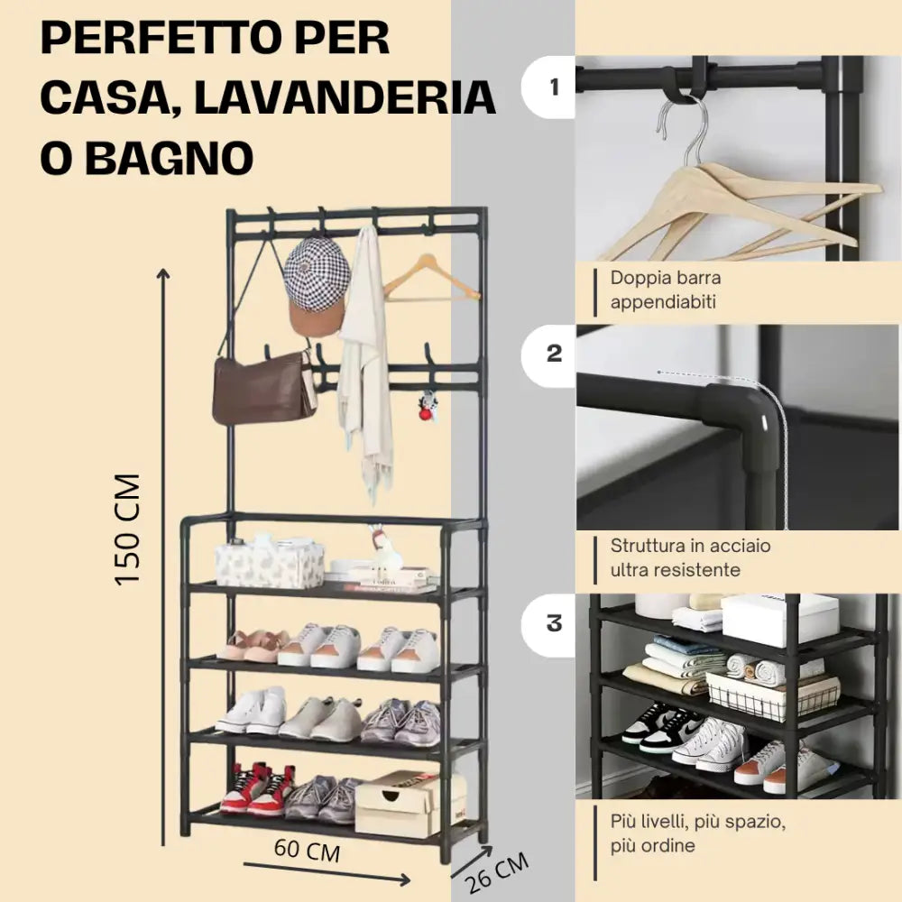 Mobile Salvaspazio con Mensole e Ganci Appendiabiti e Organizzatore per Scarpe in Tessuto | Soluzione Pratica